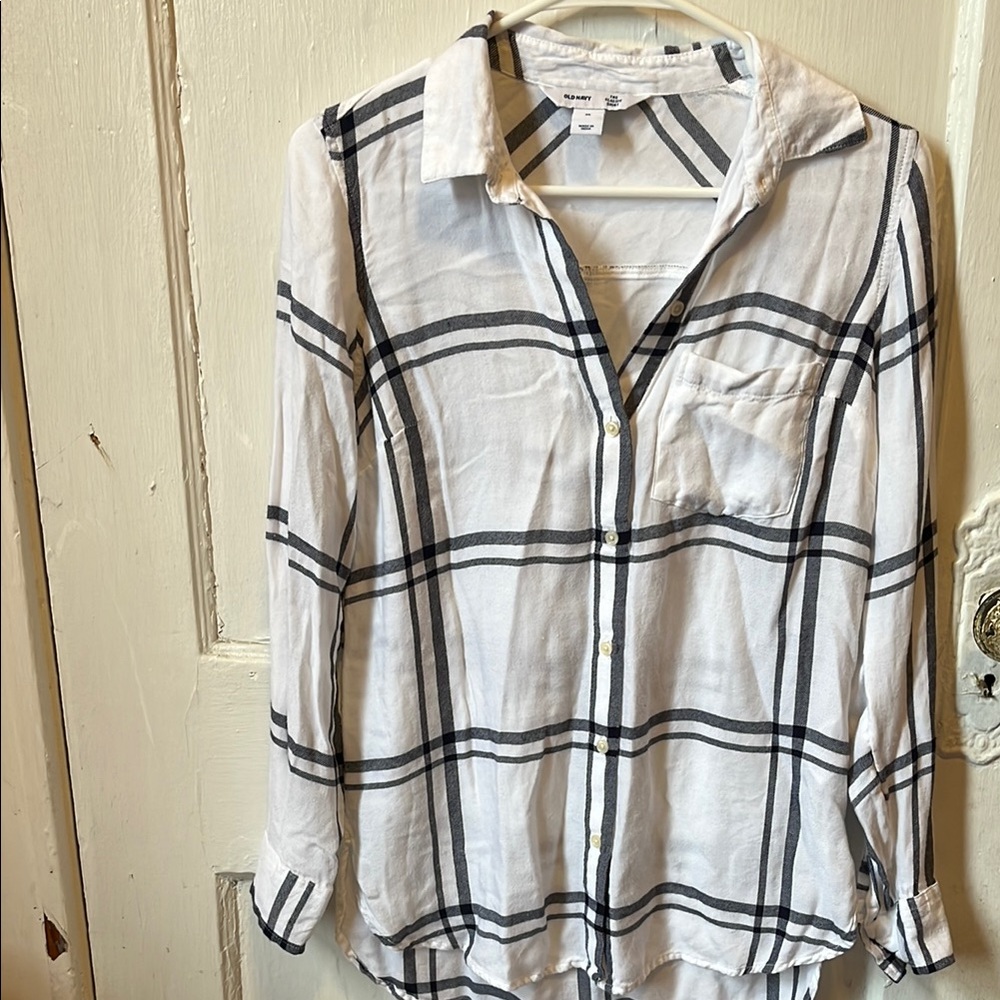 White and Black Plaid Button-Up Shirt